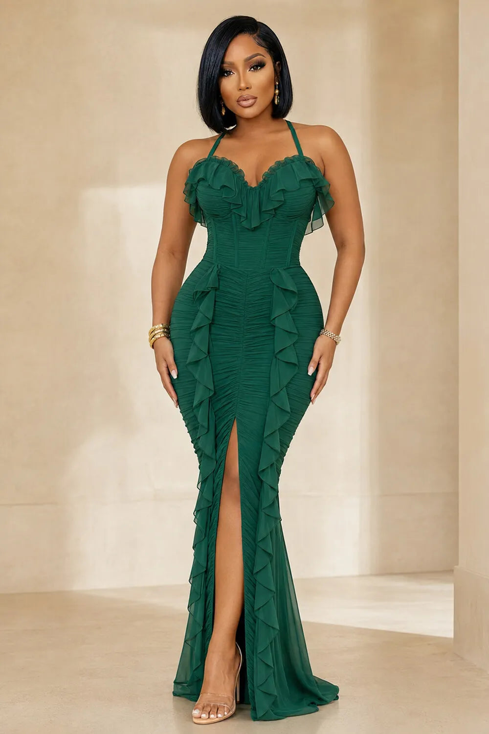 Halter Neck Ruffle Trim Ruched Front Slit Slim Maxi Dresses-Green