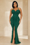 Halter Neck Ruffle Trim Ruched Front Slit Slim Maxi Dresses-Green