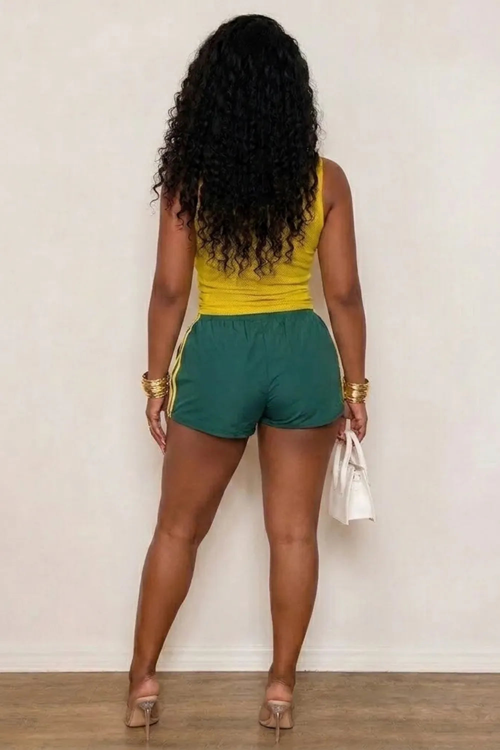 U Neck Mesh Tank Top Contrast Piping Shorts Slim Fit Casual 2pcs Set-Yellow