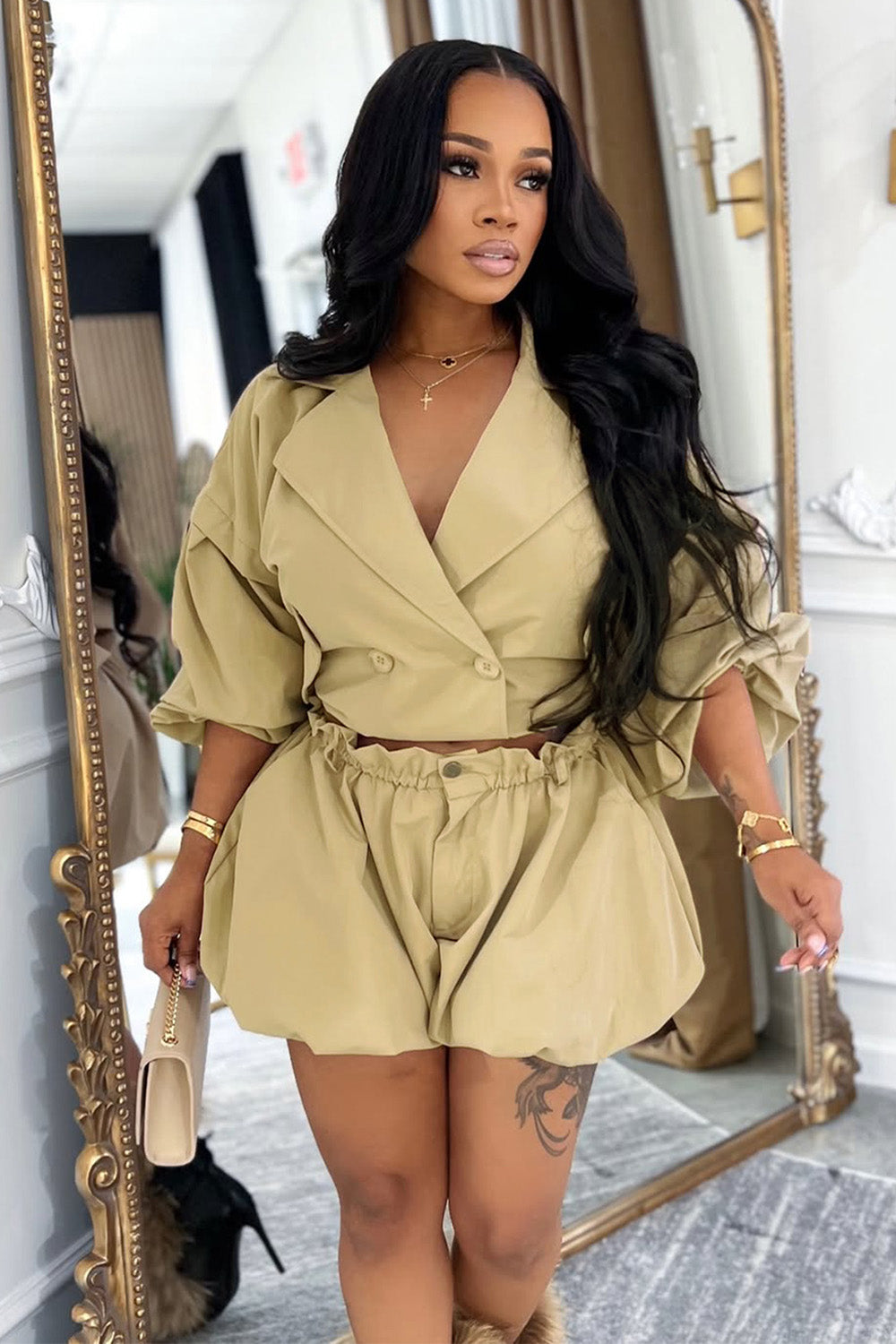 Elastic Cuff Notch Lapel Double-Breasted Crop Jacket Shorts 2pcs Set-Khaki