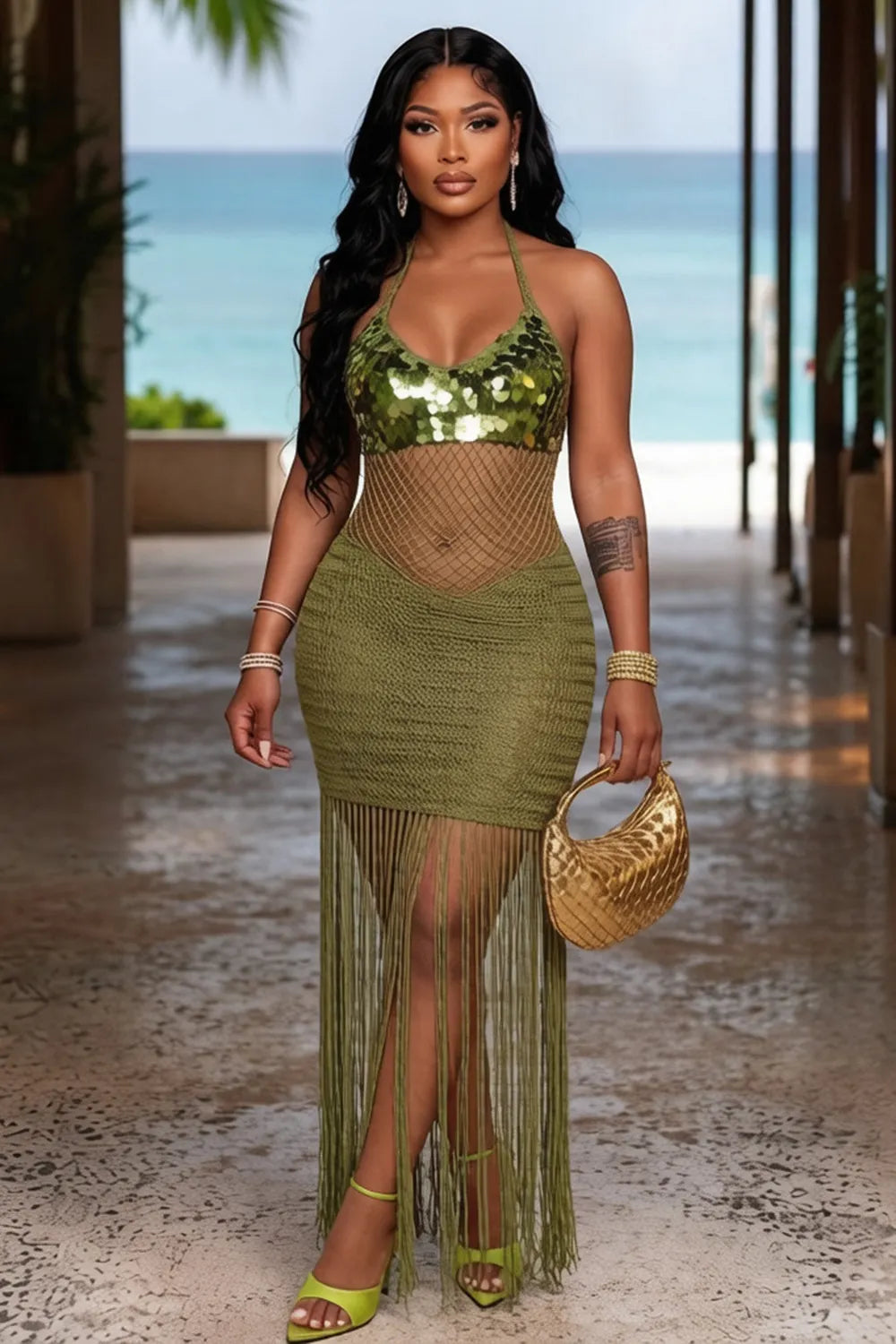 Disco Sequin Crochet Hollow Out Fringe Halter Beach Maxi Dresses-White