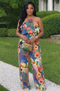 Floral Halter Ruffle Top Wide Leg Pants 2pcs Set