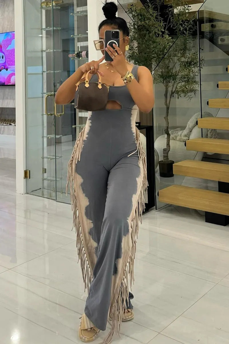 U Neck Cutout Wide Leg Side Fringed Sleeveless Jumpsuit-Gray