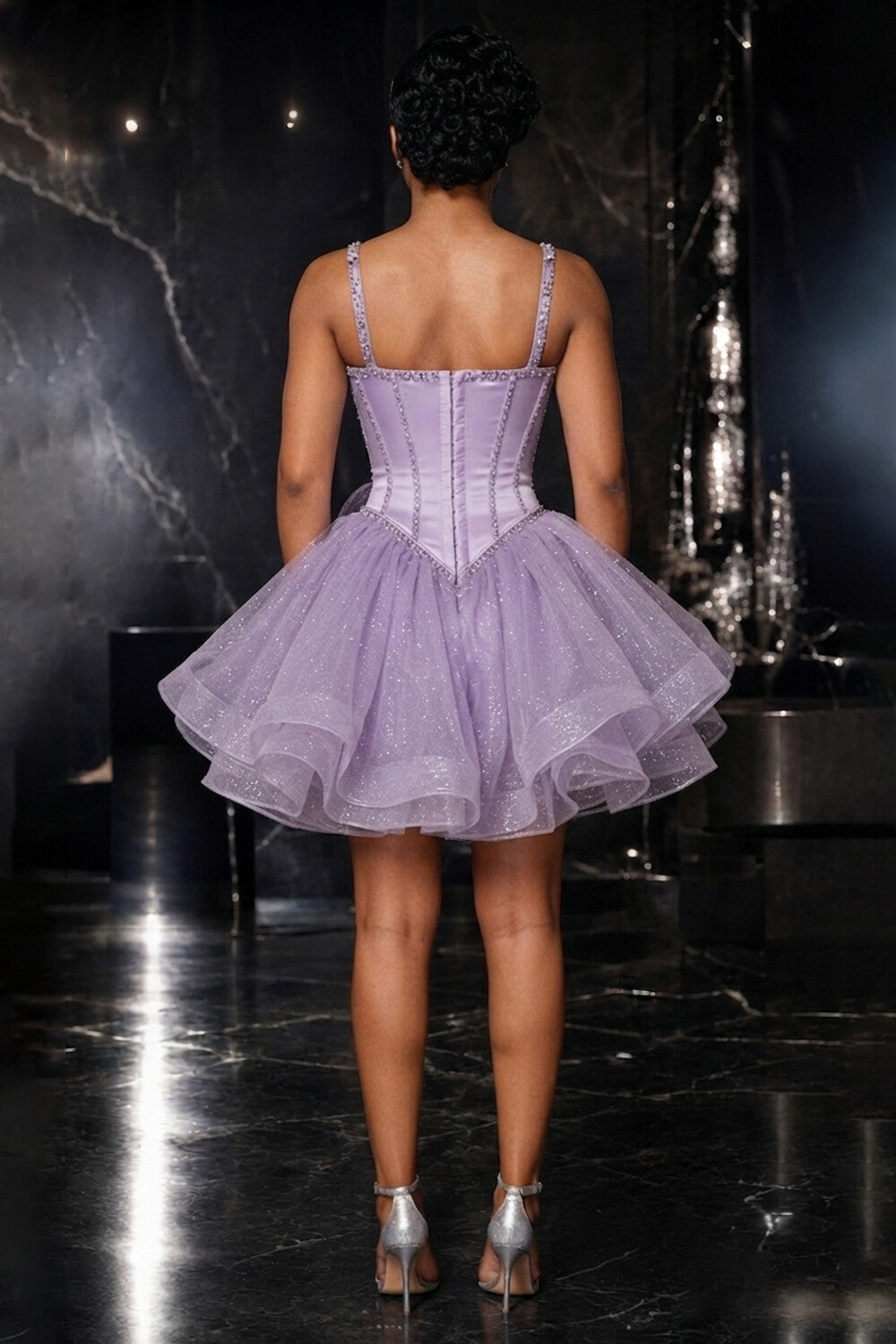 Spaghetti Strap Rhinestone Corset 3D Floral Mini Dresses-Purple