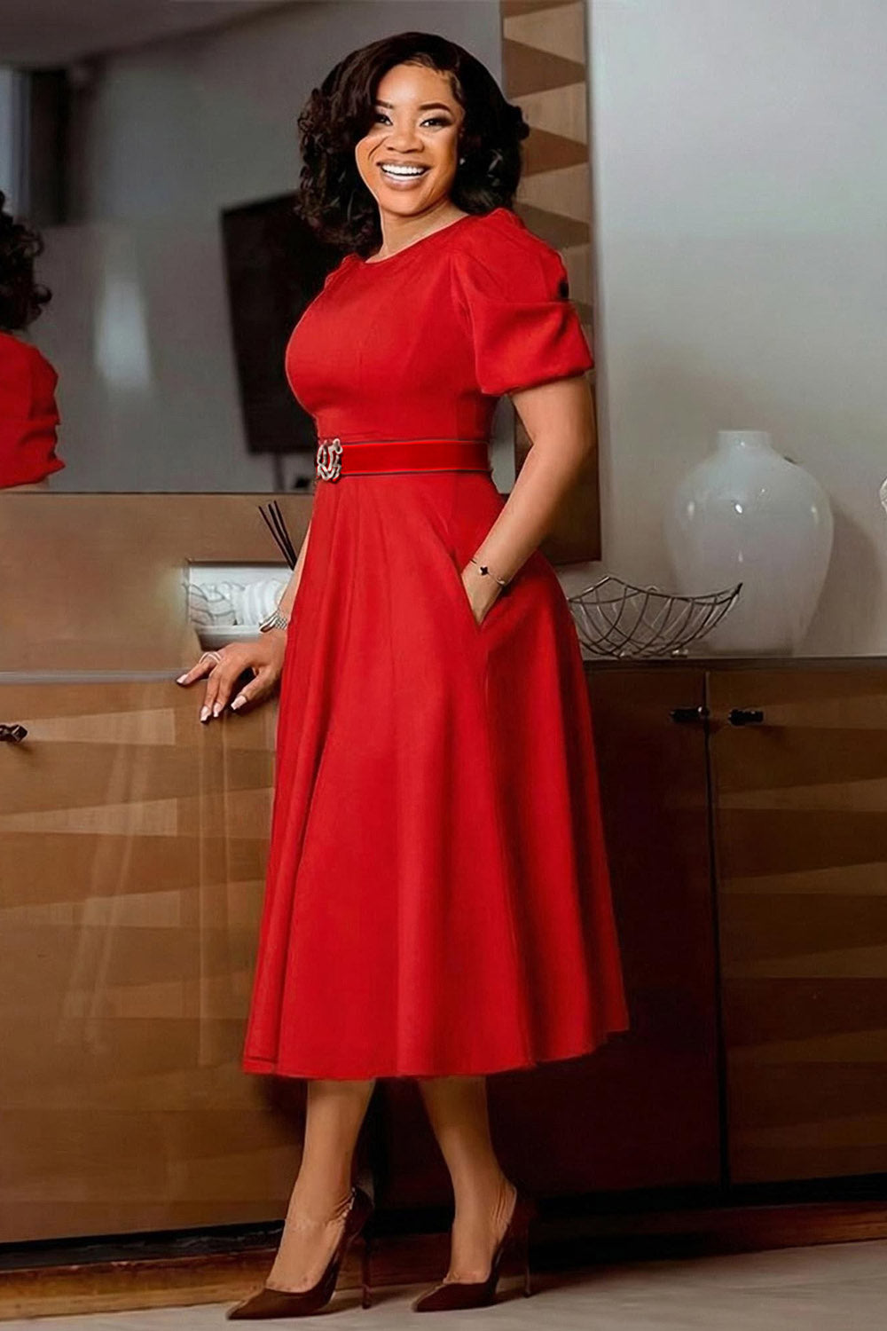 Round Neck Puff Sleeve Solid Color High Waist A-Line Formal Maxi Dresses-Blue