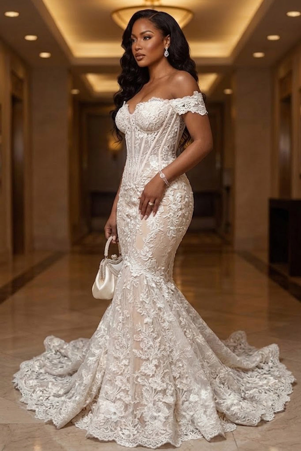 Off Shoulder Floral Lace Corset Mermaid Gowns Maxi Dresses-White