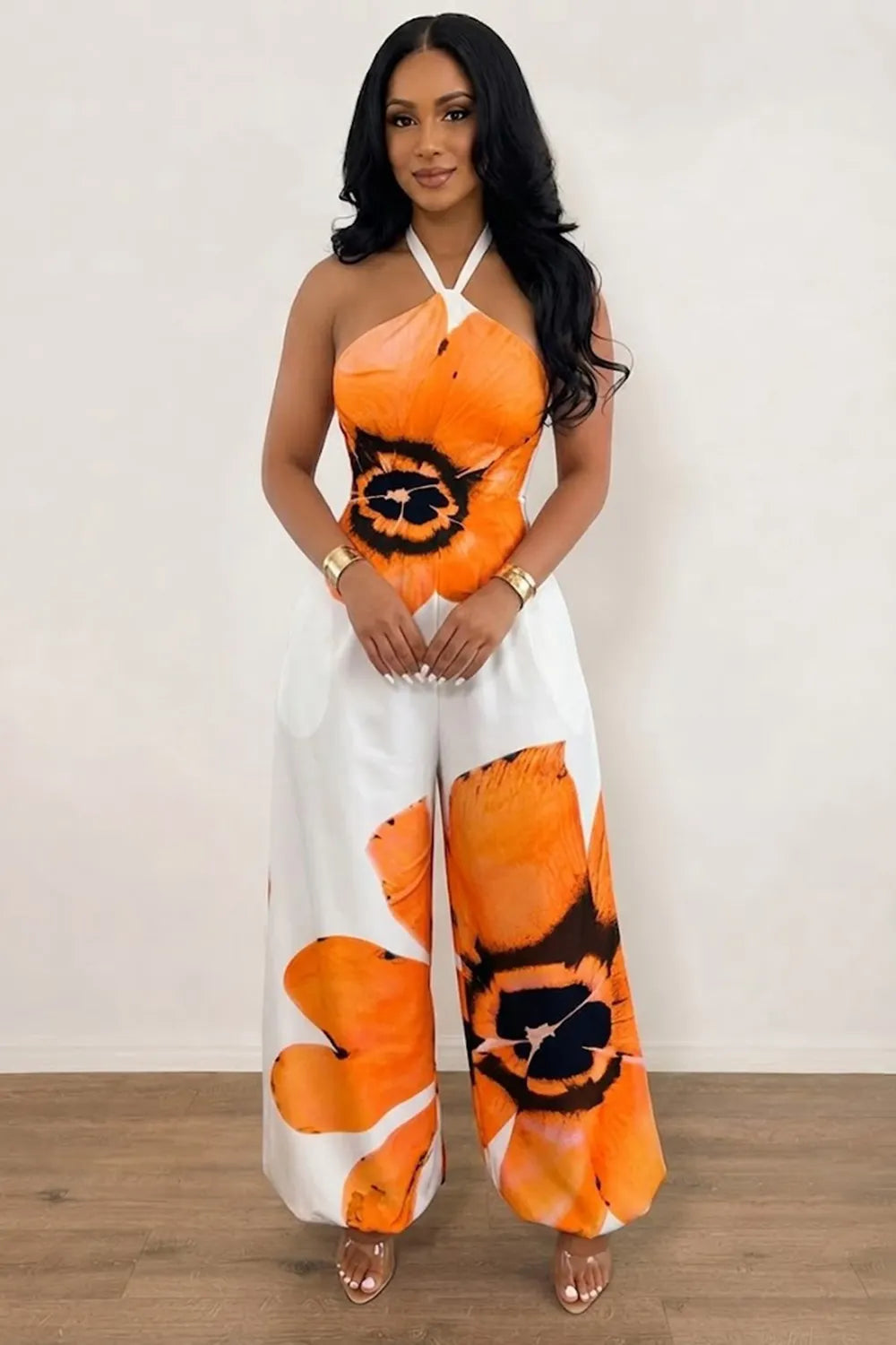 Halter Neck Floral Print Backless Pocket Loose Fit Vacation Jumpsuit-Orange