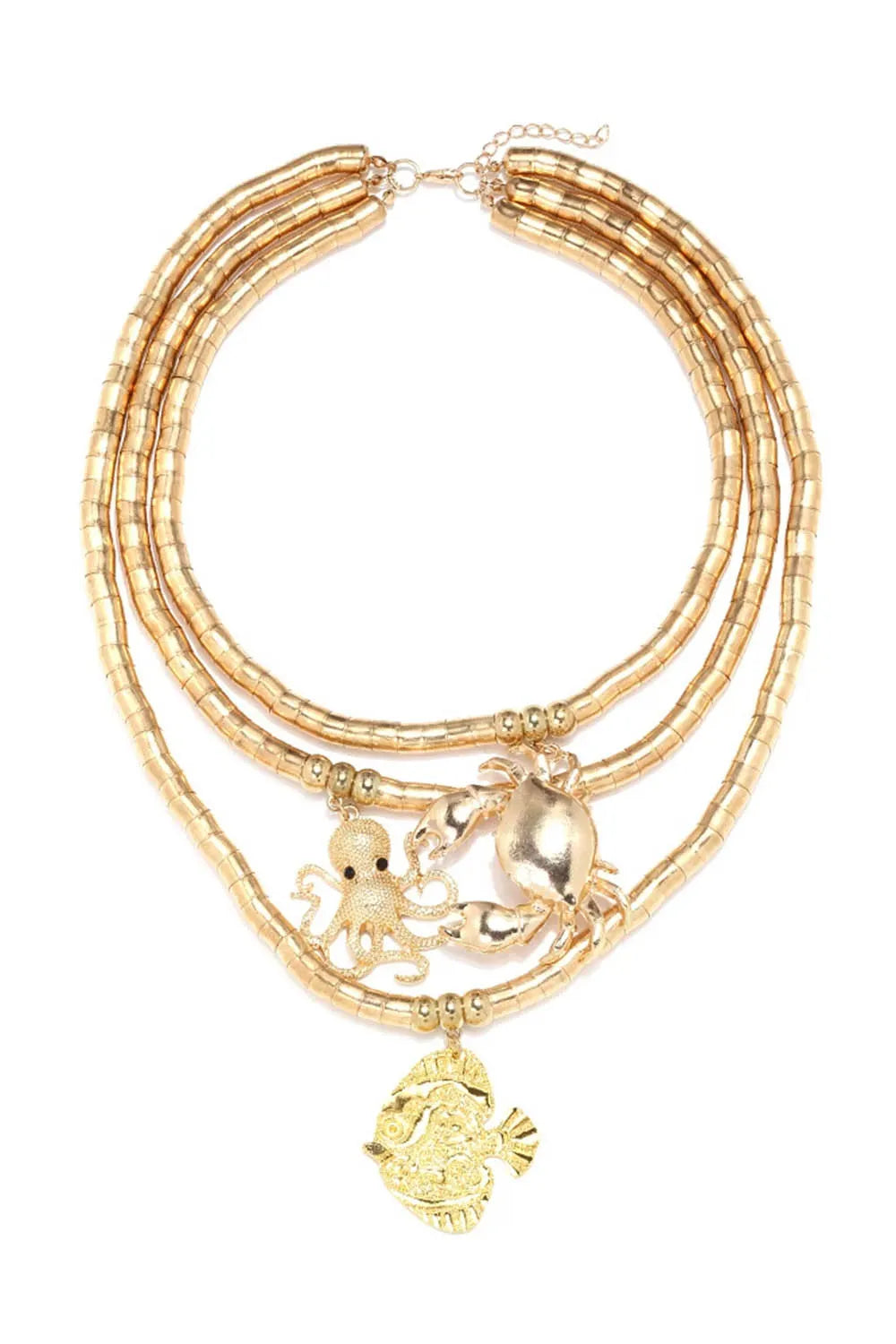 Metallic Tube Bead Multi-Layer Ocean Animal Pendant Stacked Necklace