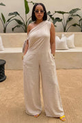 One Shoulder Sash Solid Color Loose Fit Casual Jumpsuit-Beige