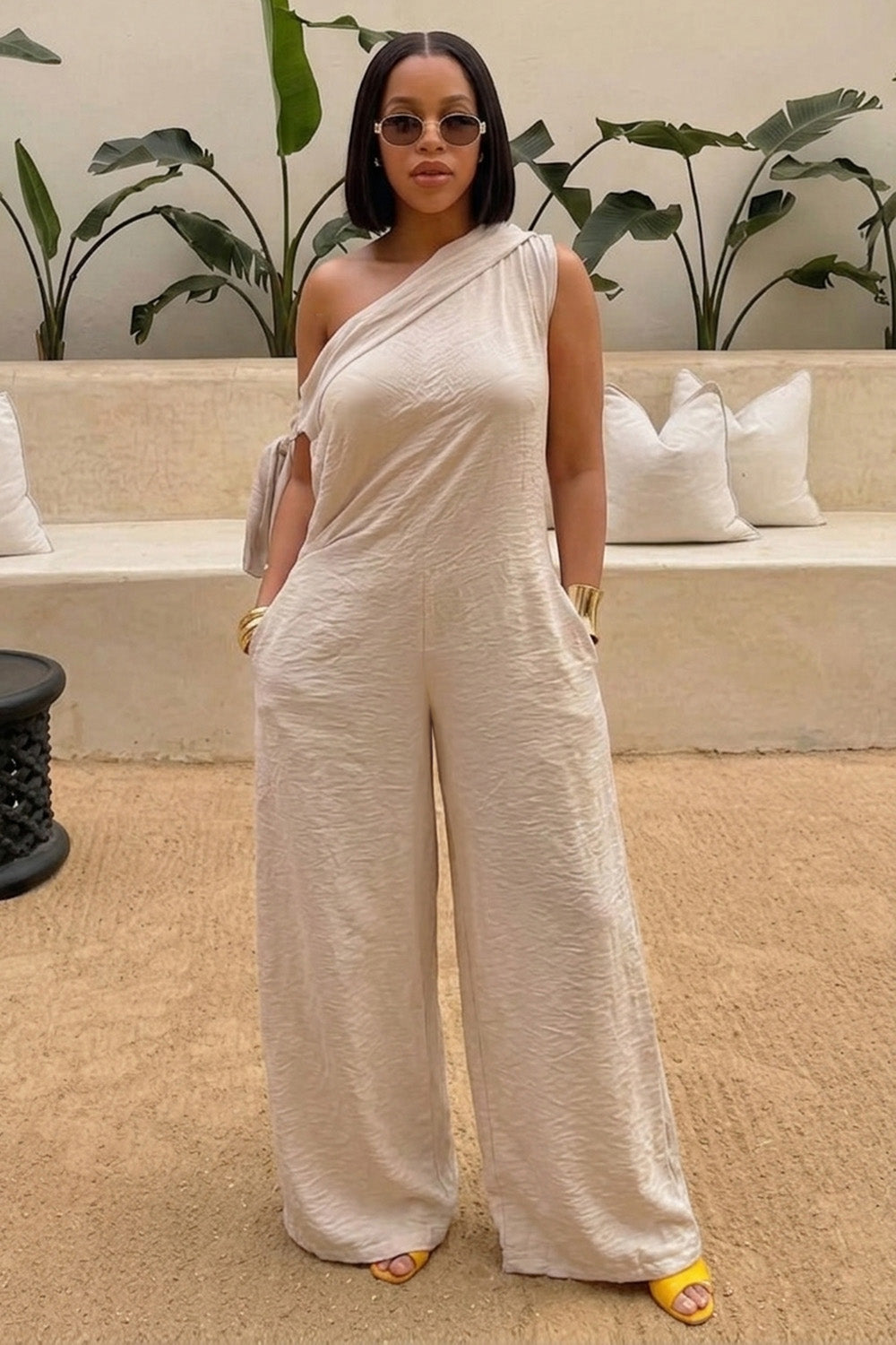 One Shoulder Sash Solid Color Loose Fit Casual Jumpsuit-Beige