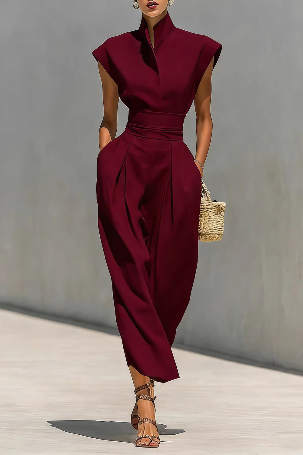 Stand-Up Collar Sleeveless Cinch High Waist Solid Color Maxi Dresses-White