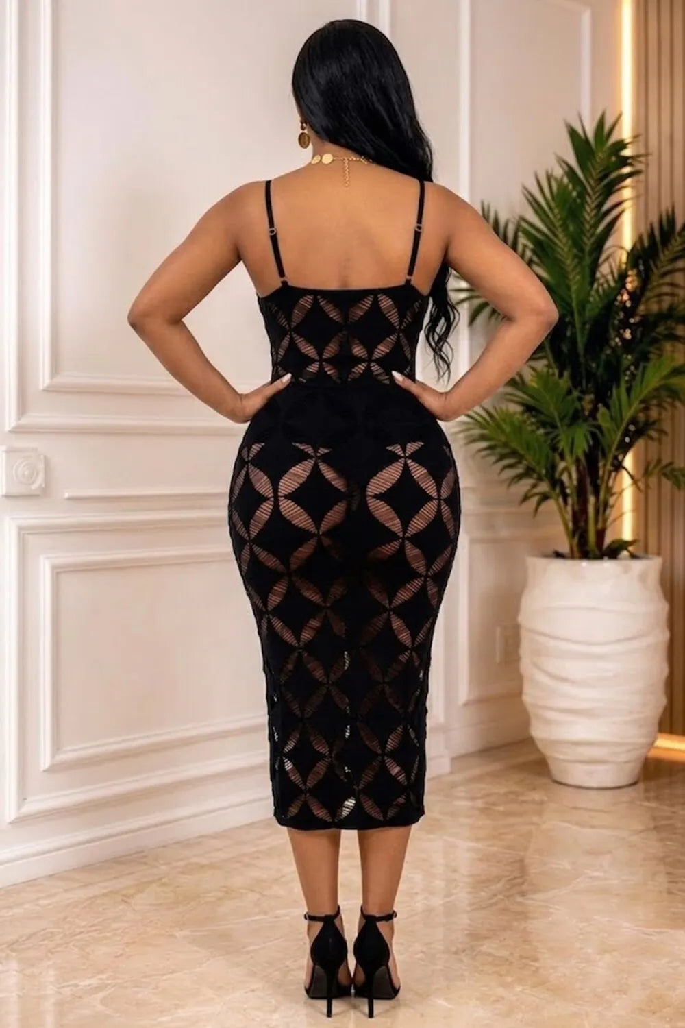 Rhombus Hollow Out Adjustable Straps Sleeveless Bodycon Midi Dresses-Black