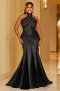 Halter Neck Sleeveless Backless Ruched Mermaid Maxi Dresses-Black