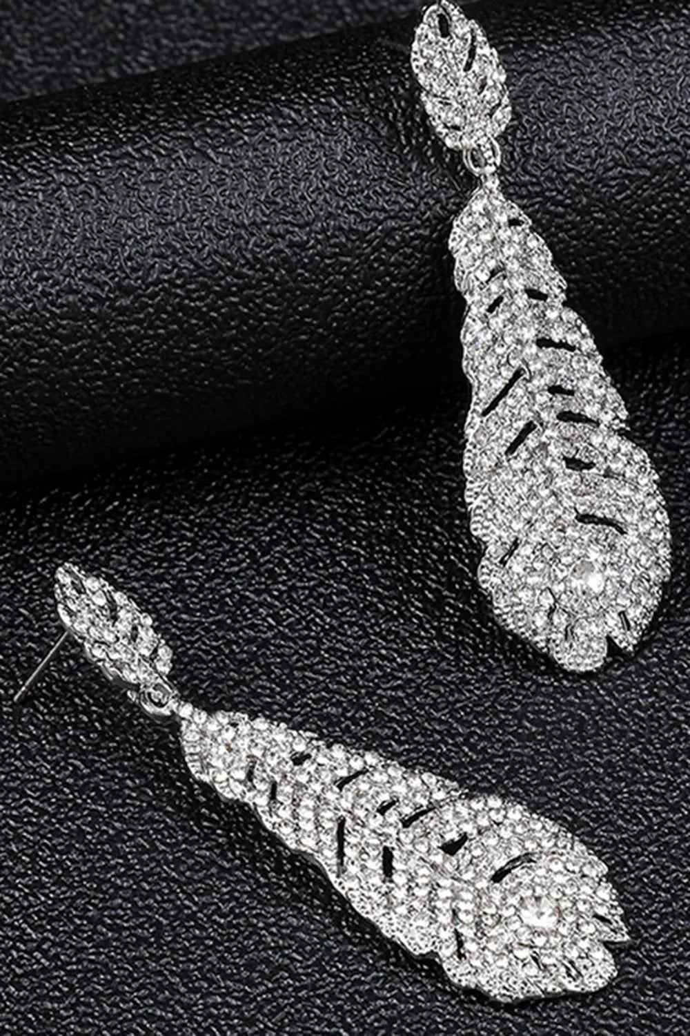 Rhinestones Asymmetric Feather Shaped Drop Earrings Necklace Jewelry Set