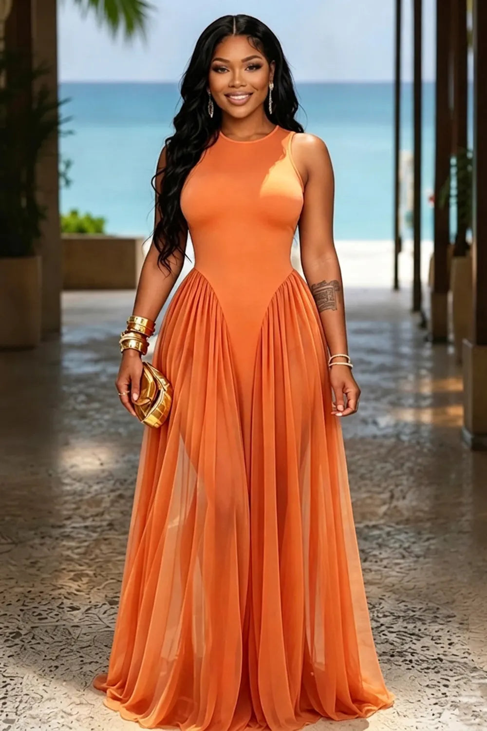 Round Neck Sleeveless Mesh Patchwork Cinch Waist Vacation Maxi Dresses-Green