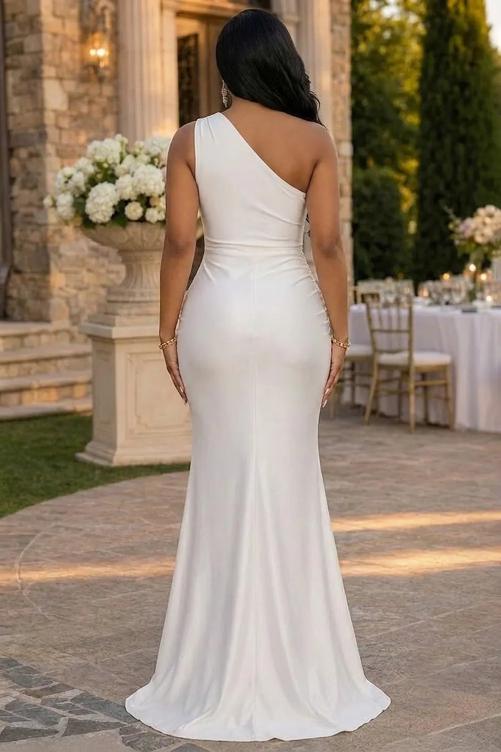 Oblique Collar One Shoulder Ruched Satin Slim Fit Maxi Dresses-White