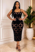 Rhombus Hollow Out Adjustable Straps Sleeveless Bodycon Midi Dresses-Black