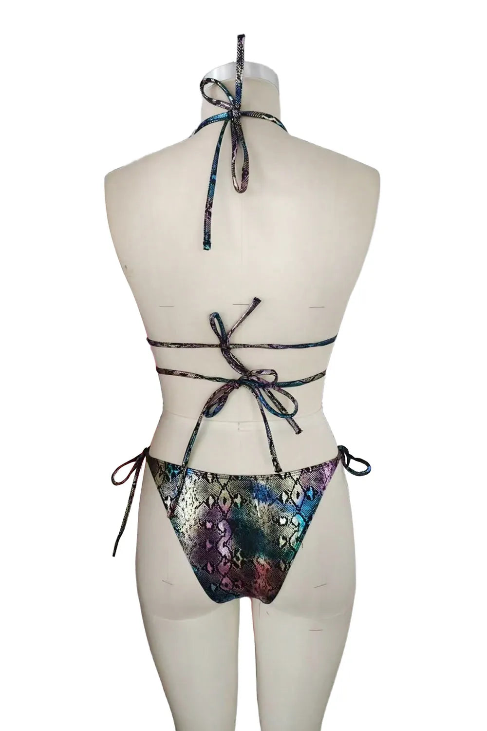 Snake Print Halter Backless Bead Slit Top Bikini Two Piece Set