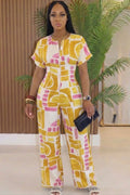 Round Neck V Cut Graffiti Geometric Wide Leg Jumpsuit-Yellow