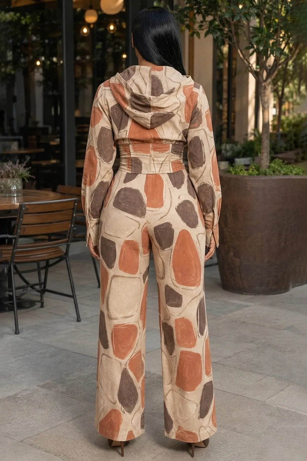 Geometric Print Hoodie Wide Leg Pants Casual 2pcs Set-Multicolor