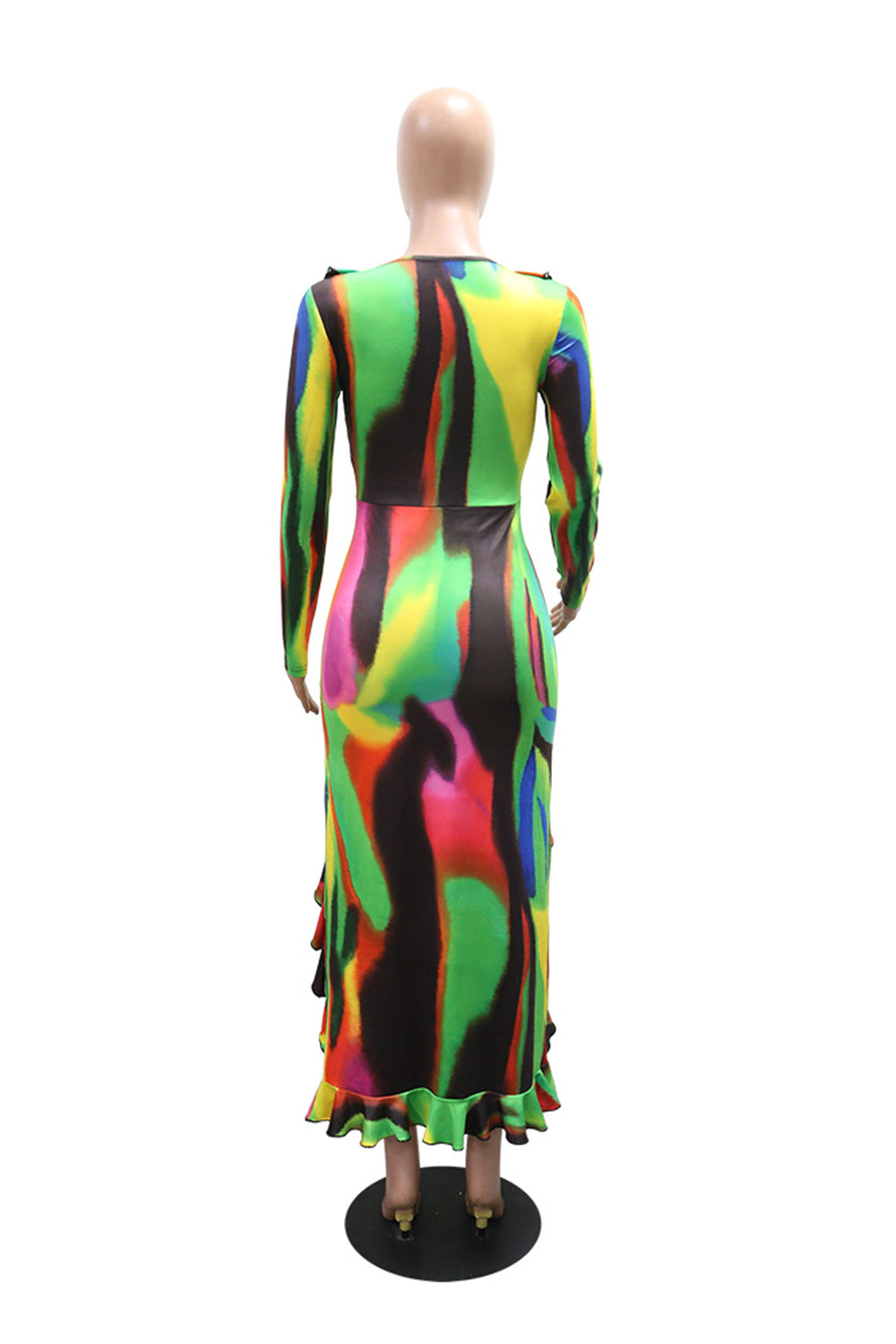 V Neck Ruffled Irregular Hem Slit Colorblock Vacation Maxi Dresses