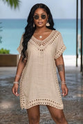 Solid Color Crochet Hollow-Out Semi-Sheer Loose Fit Cover-Up Blouse-Apricot