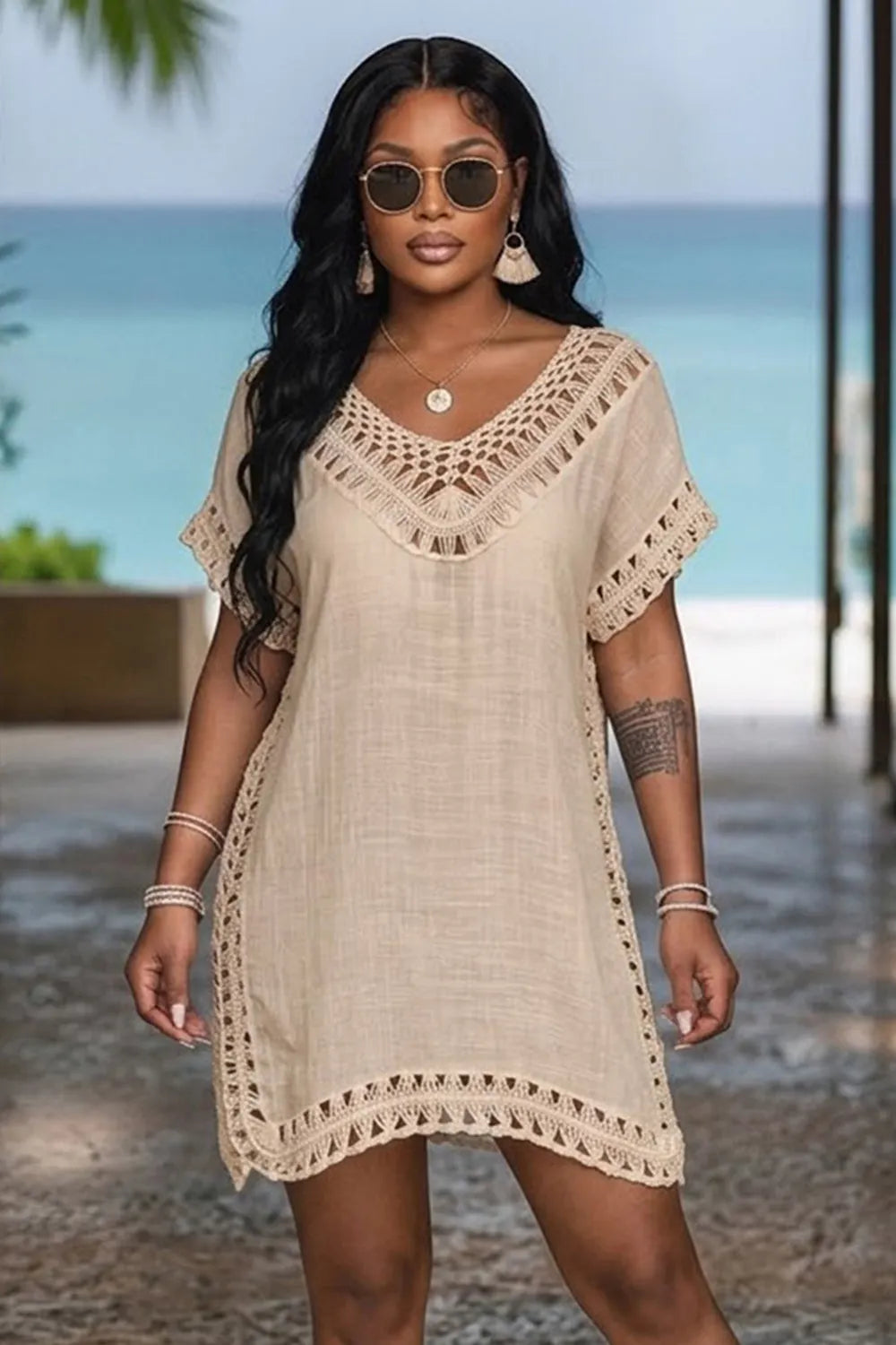 Solid Color Crochet Hollow-Out Semi-Sheer Loose Fit Cover-Up Blouse-Apricot