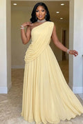 Sloping Shoulder Ruched Sleeveless Chiffon Evening Gowns Maxi Dresses-Yellow