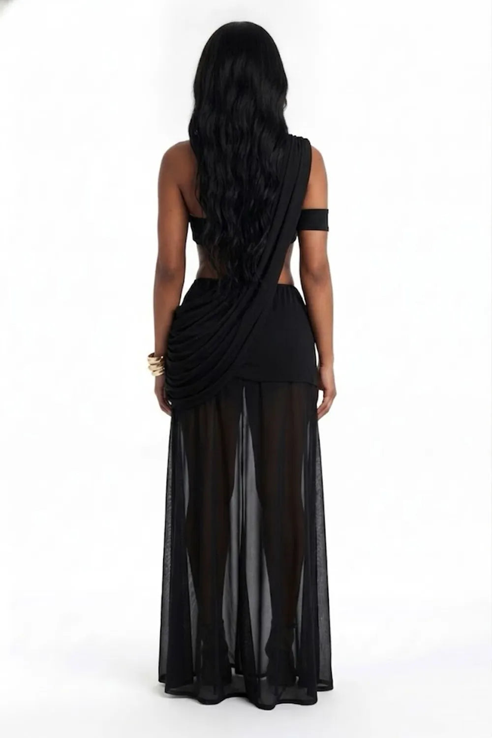 Plain Tube Top Halter Neck See Through Mesh Waist Ruched Maxi Dresses-Black