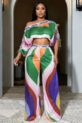Colorblock Off Shoulder Drawstring Top Pants 2pcs Set