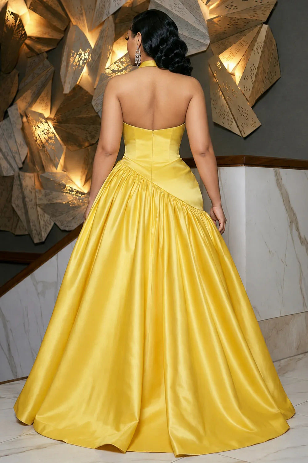 Halter Cinch Waist Side Ruched Puff Slit Hem Maxi Dresses-Yellow