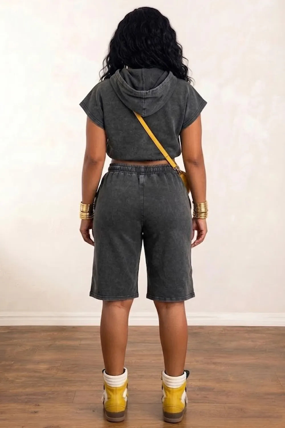 Hooded Short Sleeve Top Drawstring Cargo Pants Casual 2pcs Set-Black