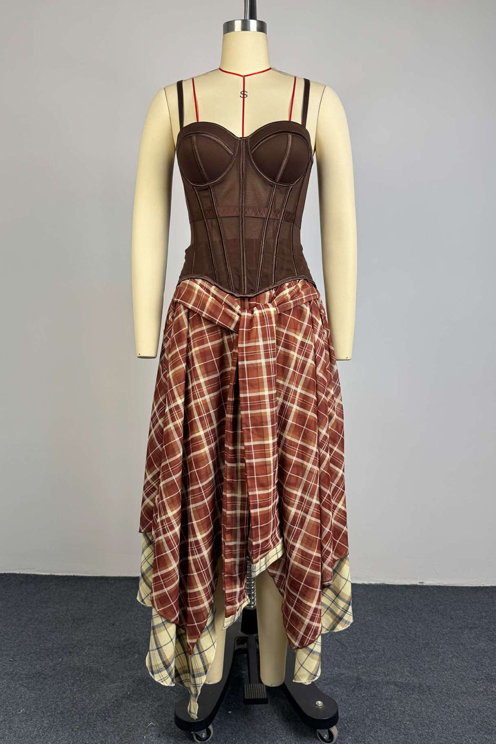 Mesh Cami Corset Plaid Print Irregular Hem Maxi Skirt Casual 2pcs Set-Brown