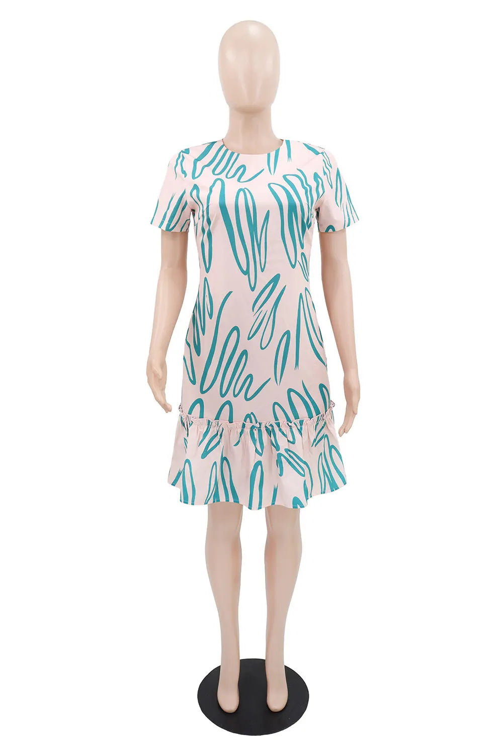 Round Neck Short Sleeve Abstract Print Ruffle Casual Mini Dresses-Pink