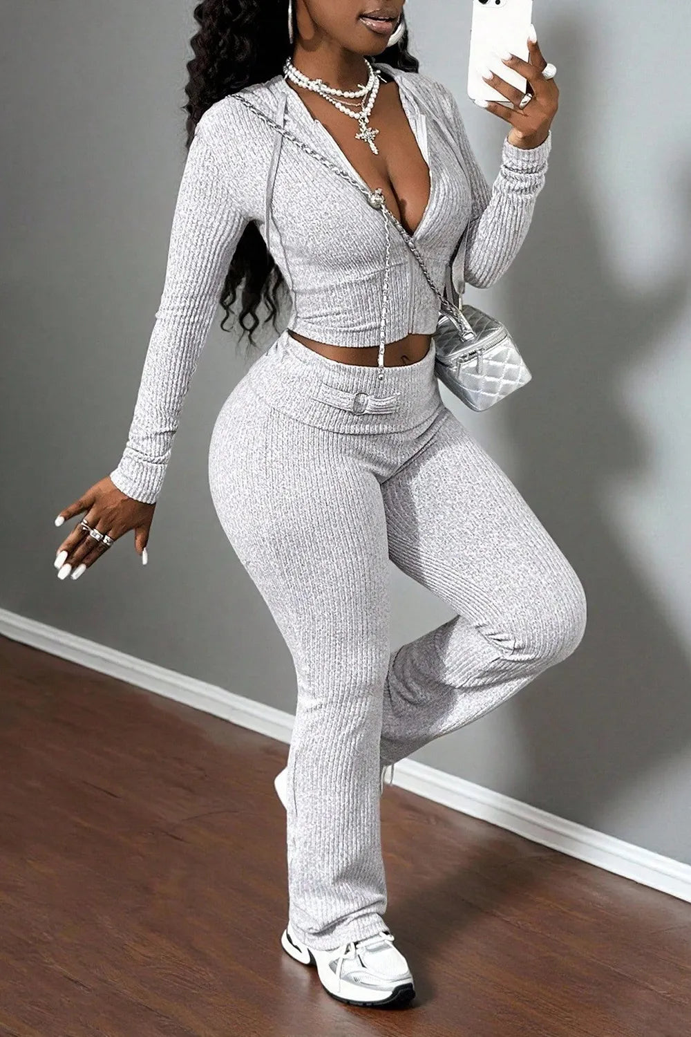 Ribbed Long Sleeve Zip Up Crop Hoodie High Waist Pants Causal 2pcs Set-Gray