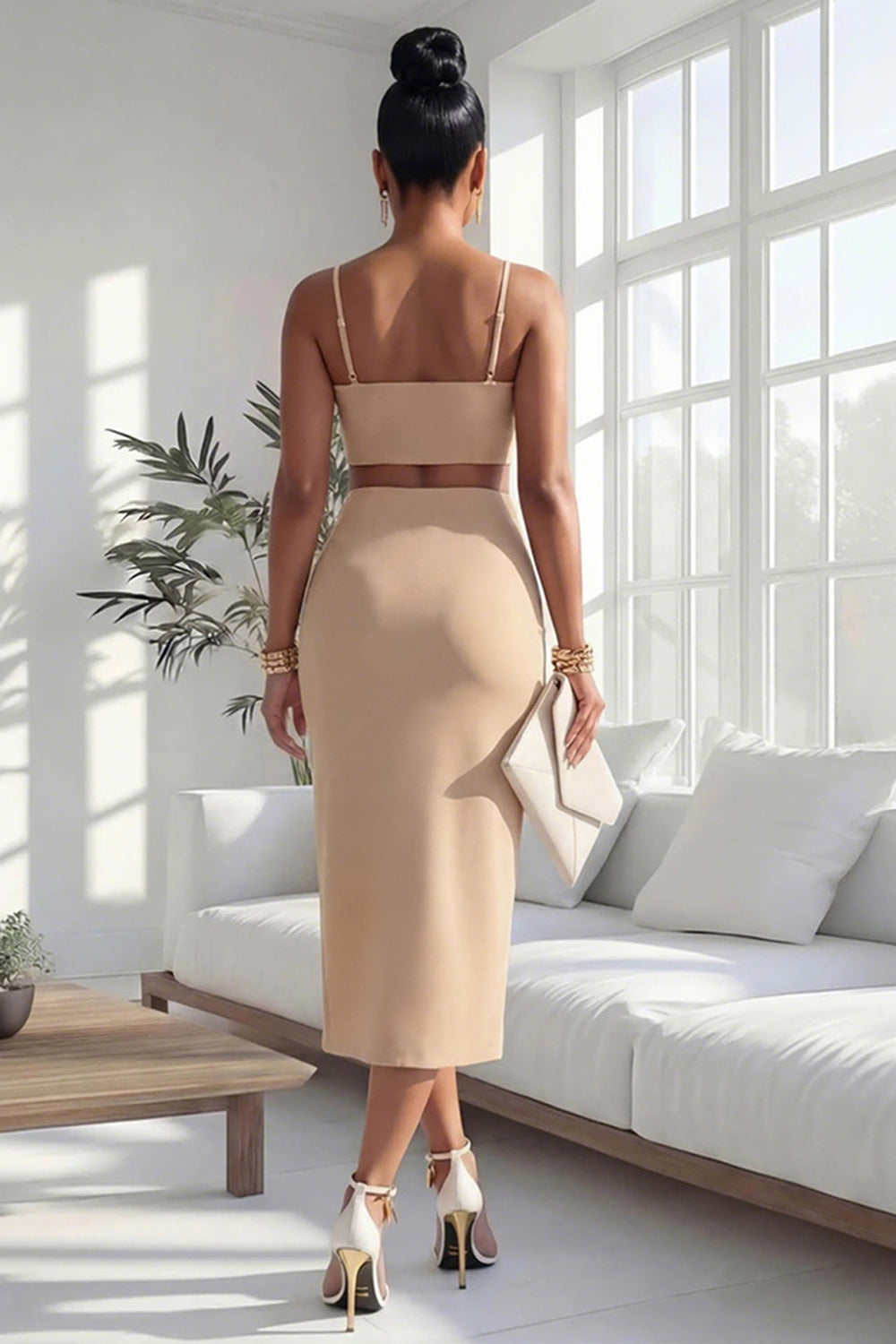 Contrast Piping Scallop Trim Cami Neck Top Midi Skirt Gowns 2pcs Set-Brown