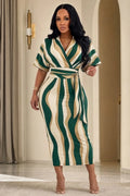 Wave Print  Collar Wrap Bodycon Midi Dresses-Green
