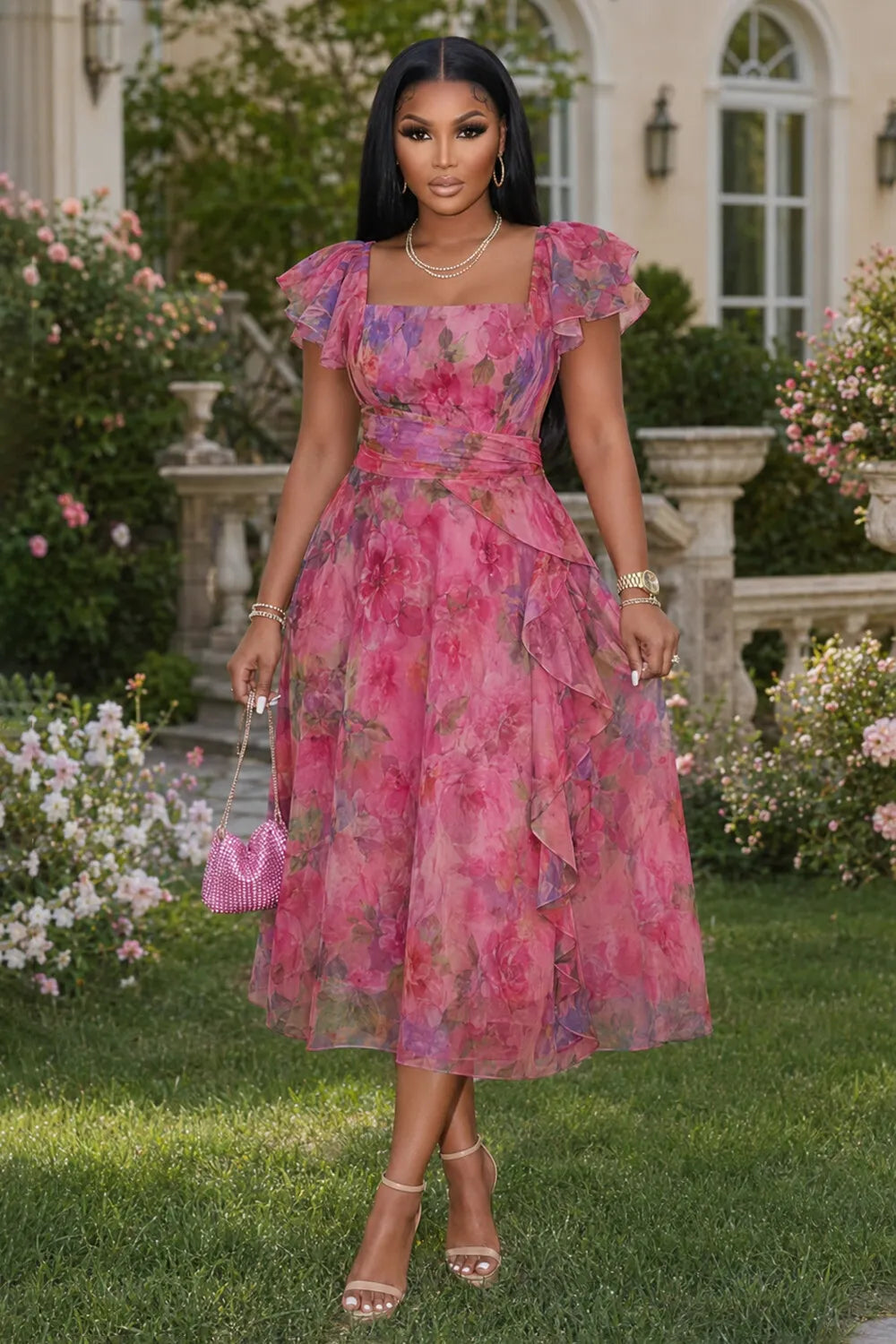 Square Neck Ruffle Sleeve Floral Cinch Waist Midi Dresses-Fuchsia