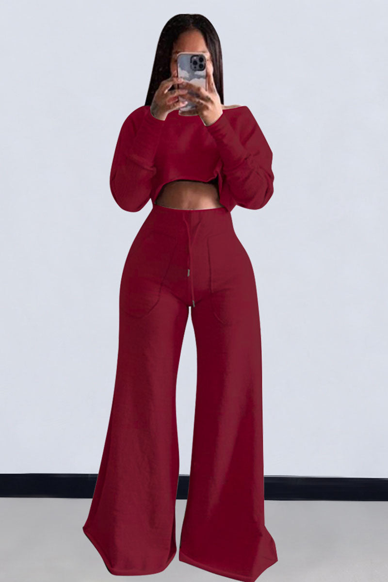 Plain Long Sleeve Crop Sweatshirt Pocket Wide Leg Pants Matching Set-Gray