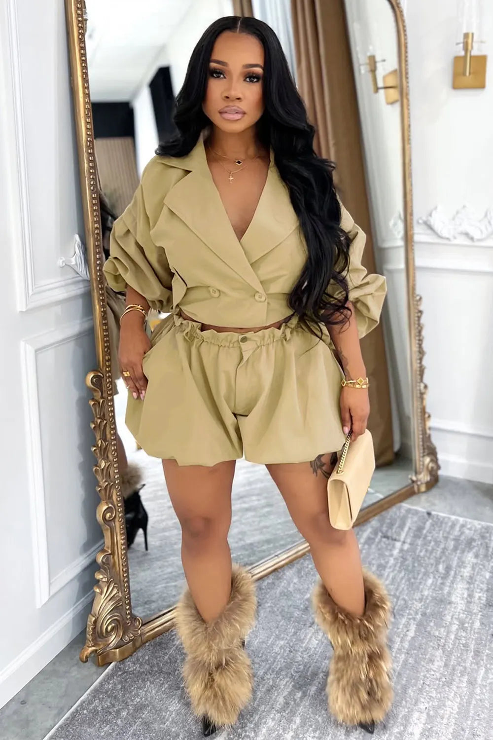 Elastic Cuff Notch Lapel Double-Breasted Crop Jacket Shorts 2pcs Set-Khaki