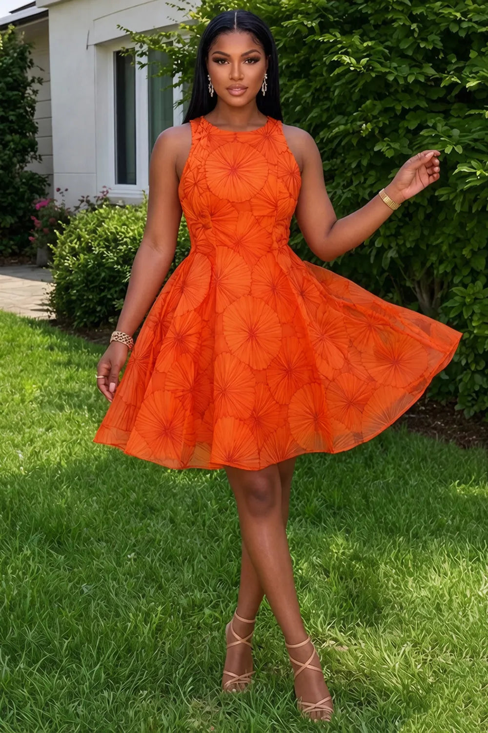 Round Neck Sleeveless Printed A-Line Vacation Mini Dresses-Orange