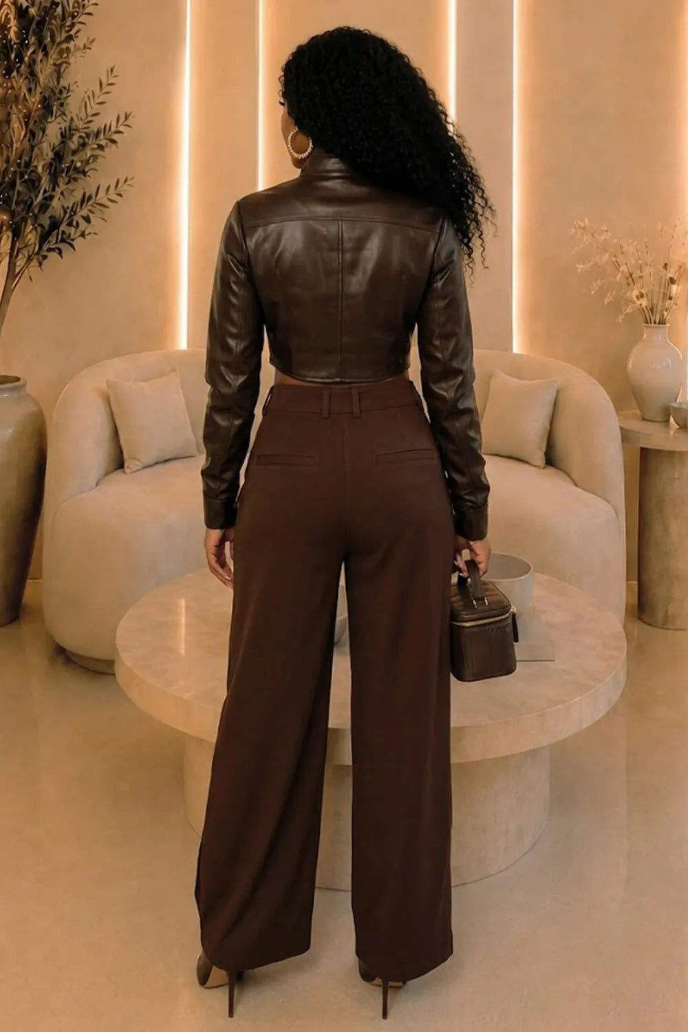 Solid Color Asymmetrical Button Overlap Wide Leg Casual Pants-Brown