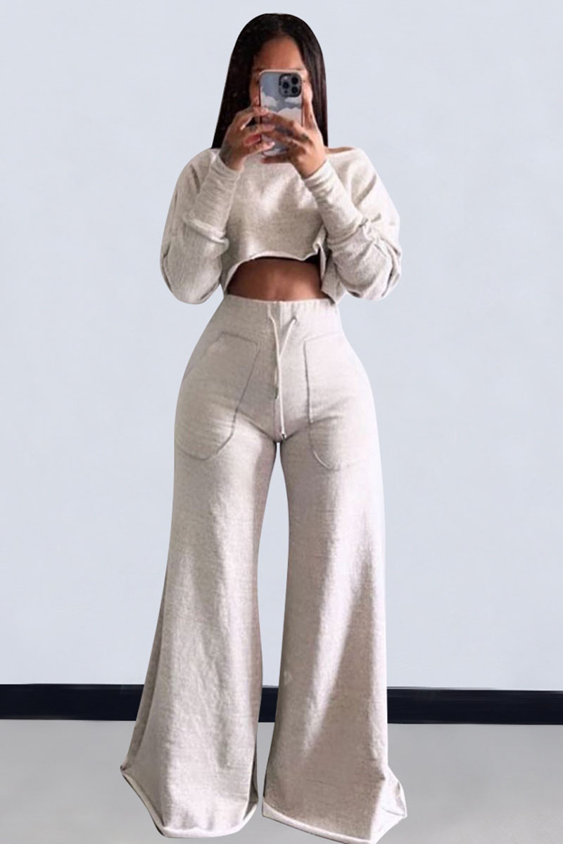 Plain Long Sleeve Crop Sweatshirt Pocket Wide Leg Pants Matching Set-Gray