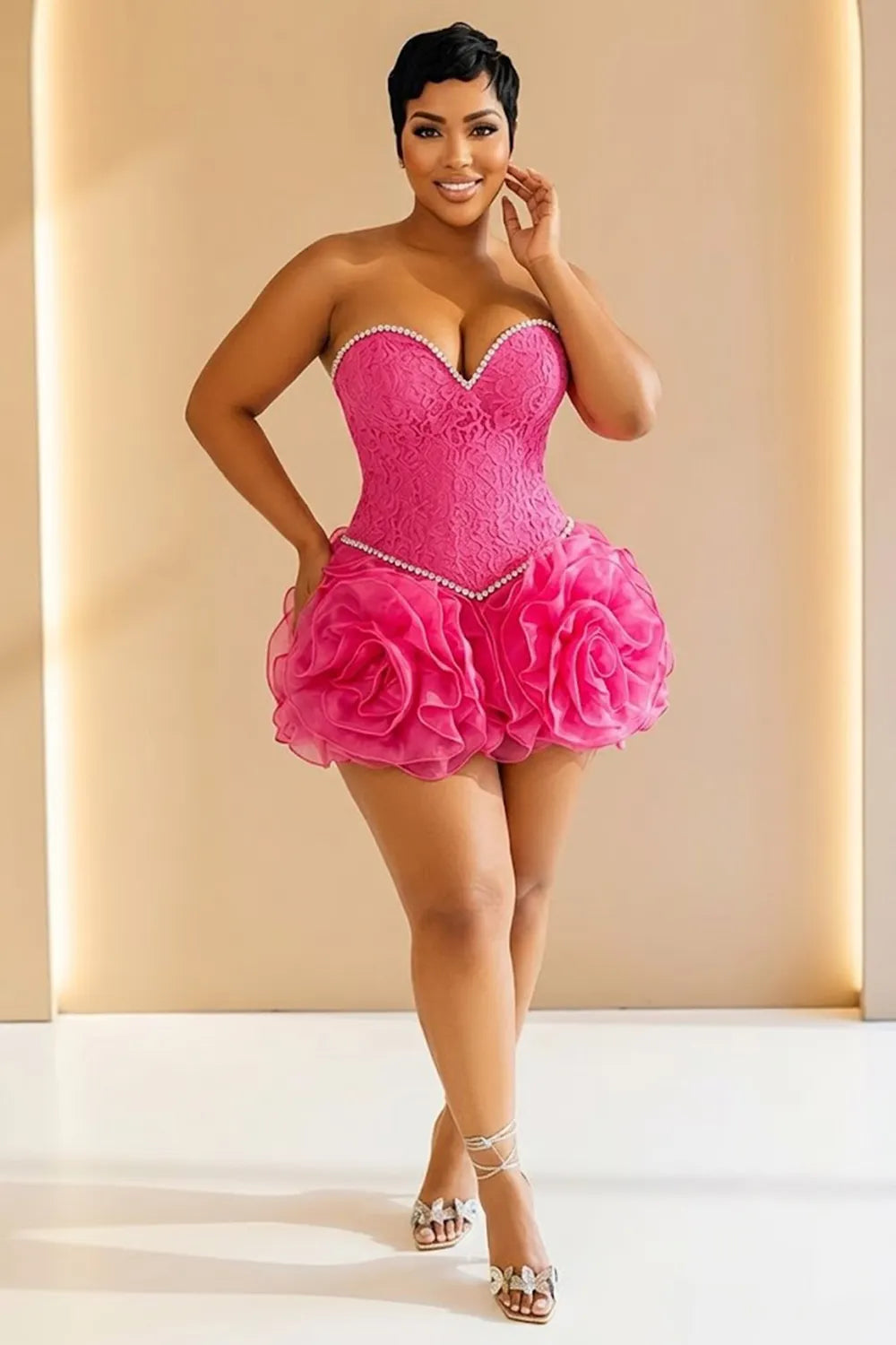 Strapless Rhinestone Jacquard 3D Floral Hem Mini Dresses-Fuchsia