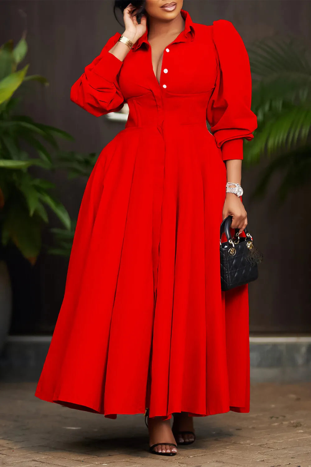 Collar Long Sleeve Cinch Waist Solid Color Maxi Shirt Dresses-Pink