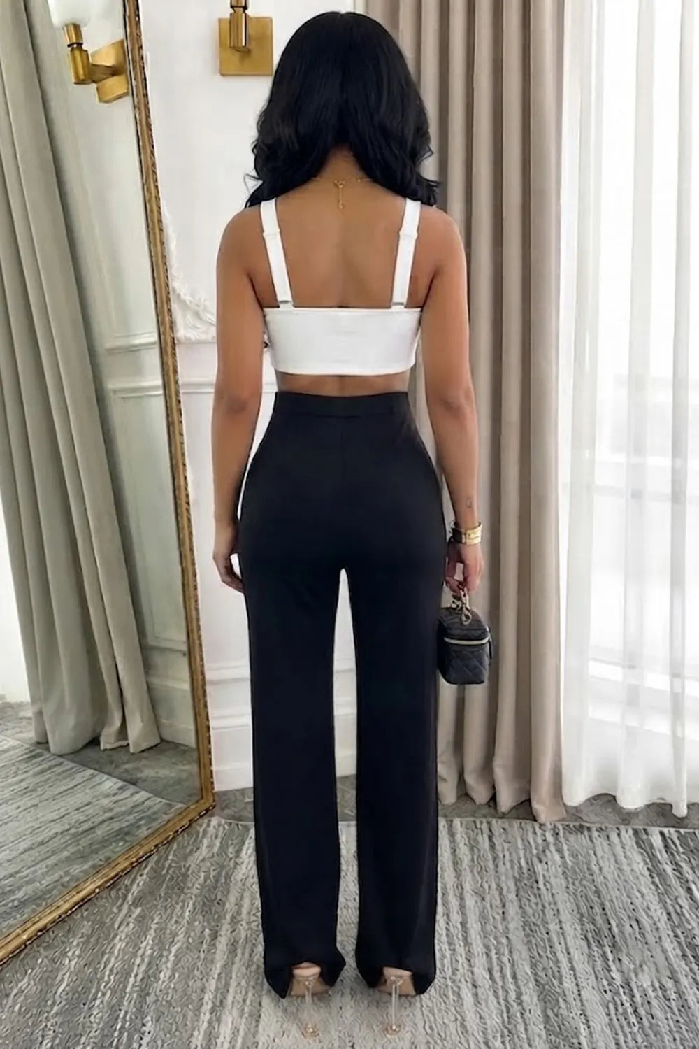 Colorblock Knotted Strapless Casual Wide Leg Jumpsuit-Black