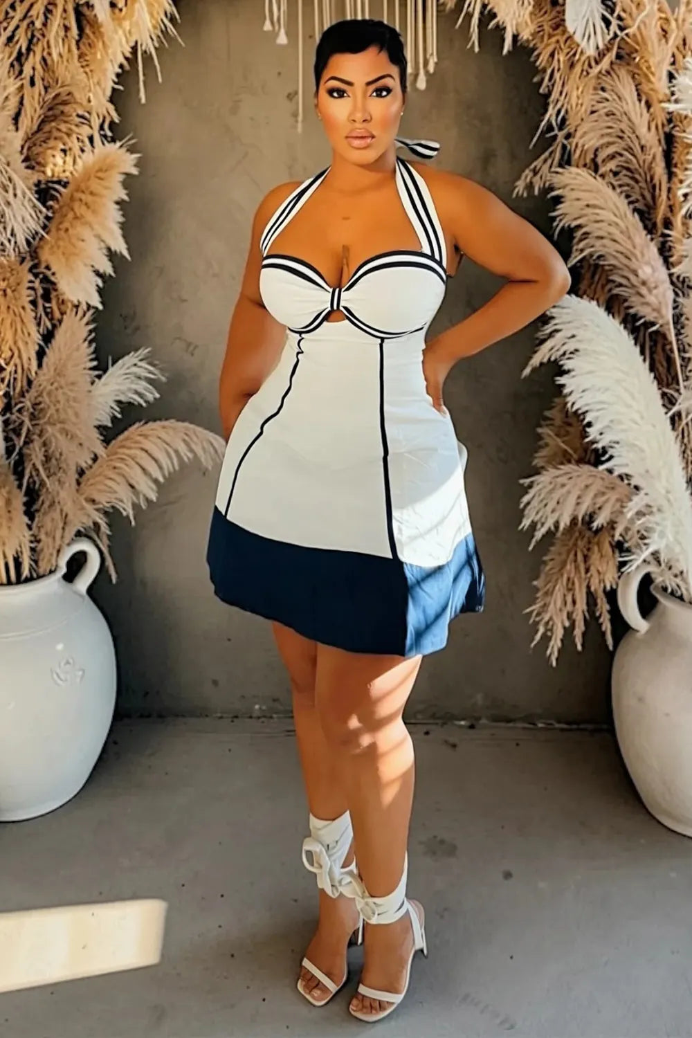 Halter Neck Colorblock A-Line Casual Mini Dresses-White