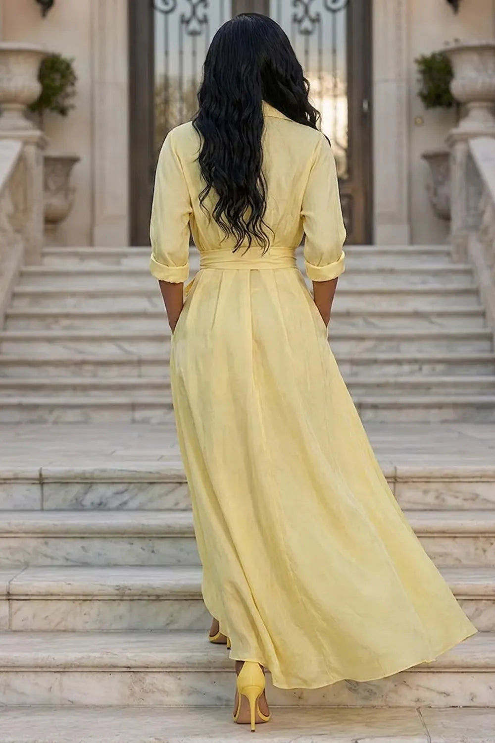 Solid Color Polo Neck 3/4 Sleeve Sash Ruched Vacation Maxi Dresses-Yellow