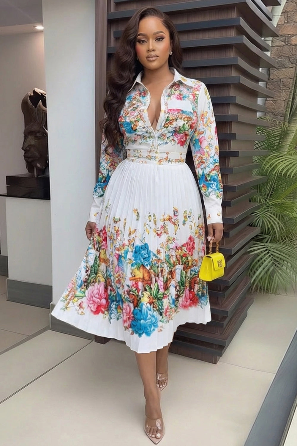 Collar Long Sleeve Floral Casual Midi Dresses