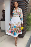 Collar Long Sleeve Floral Casual Midi Dresses
